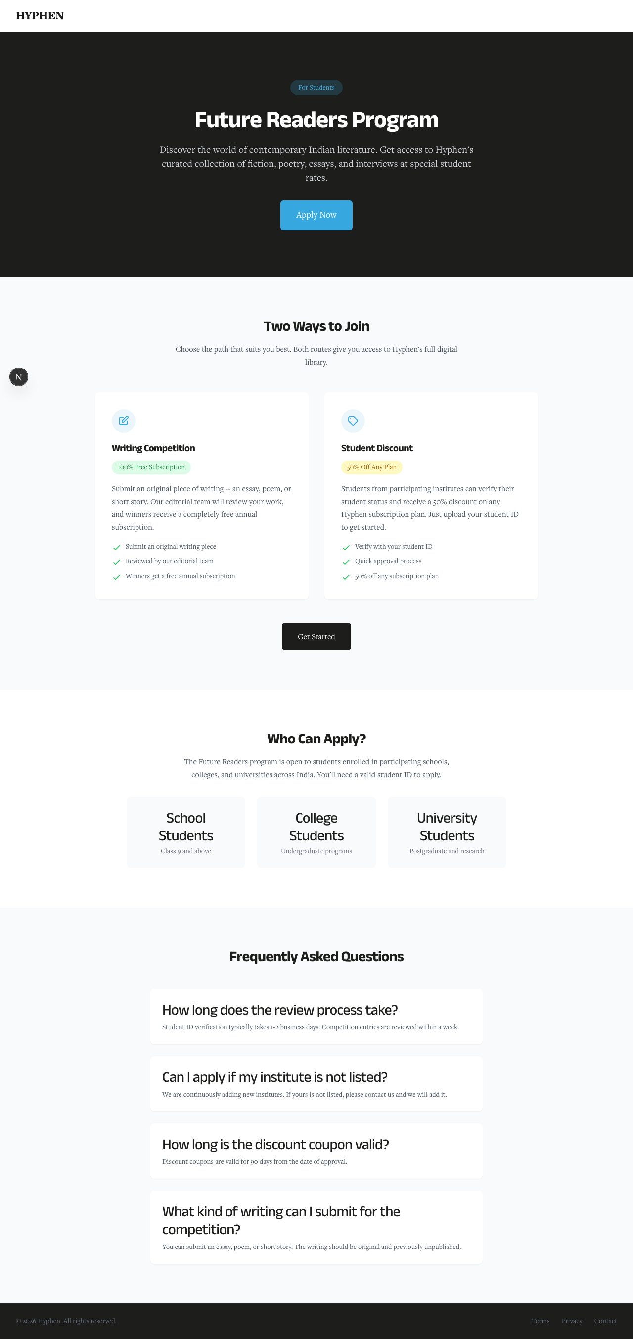 Reader Portal Student Subscription landing page