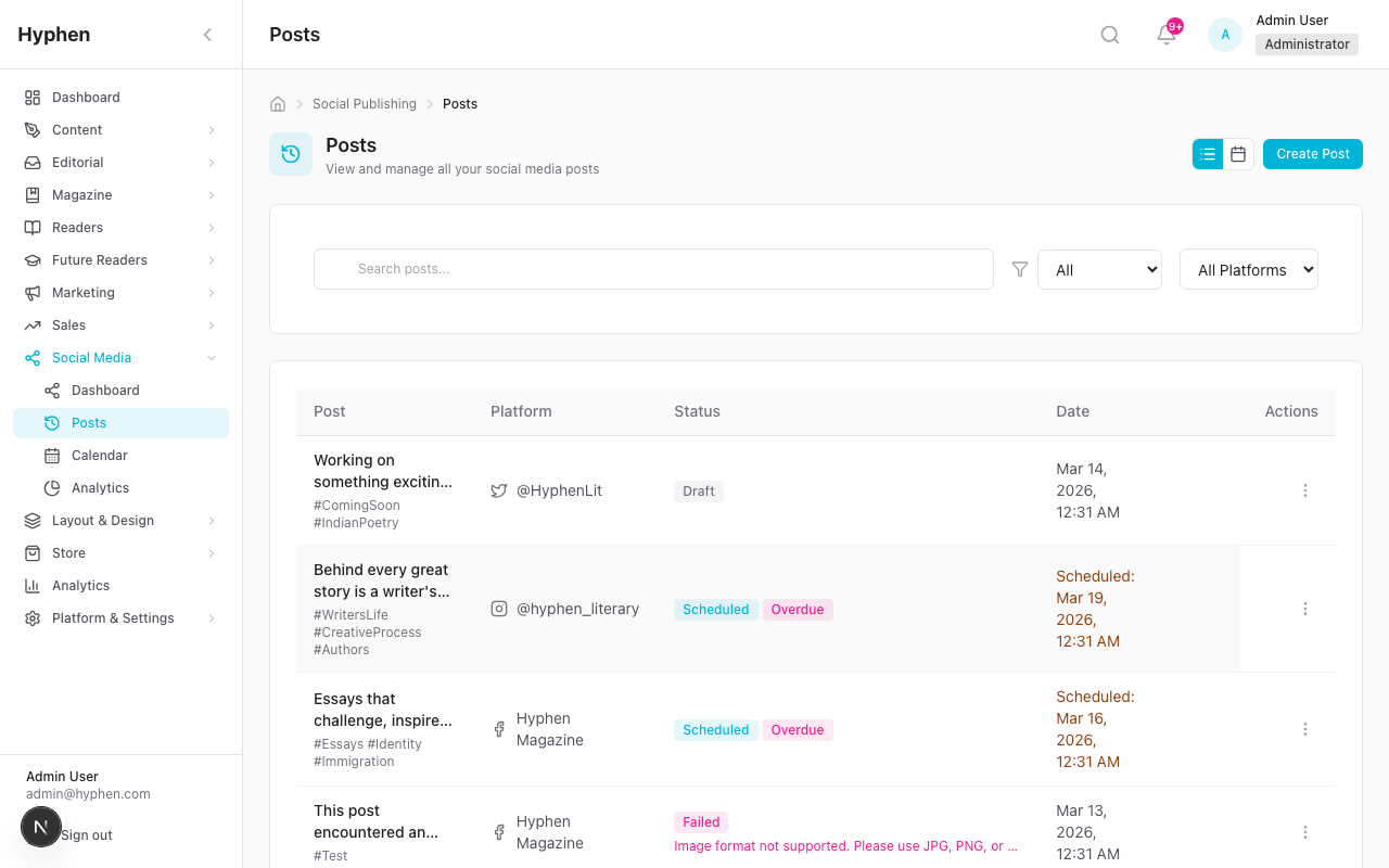 Social media posts list
